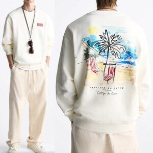Zara x Village Men's M Embroidered Artwork Sweatshirt Profiter Du Temps Ivory
